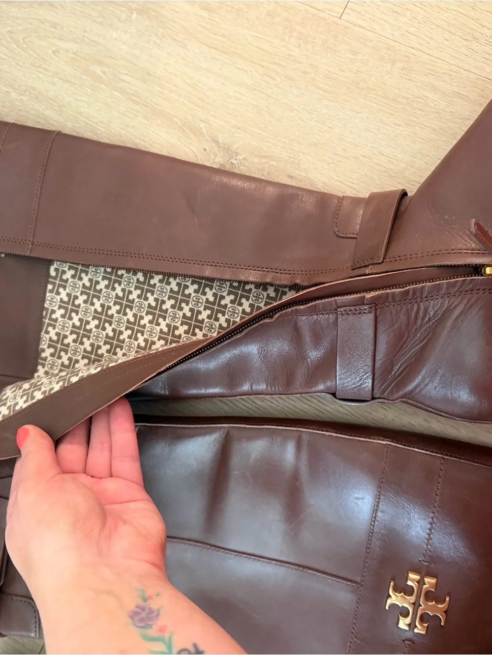 Tory Burch Chestnut Brown Leather Tall Riding Boots with Gold Logo